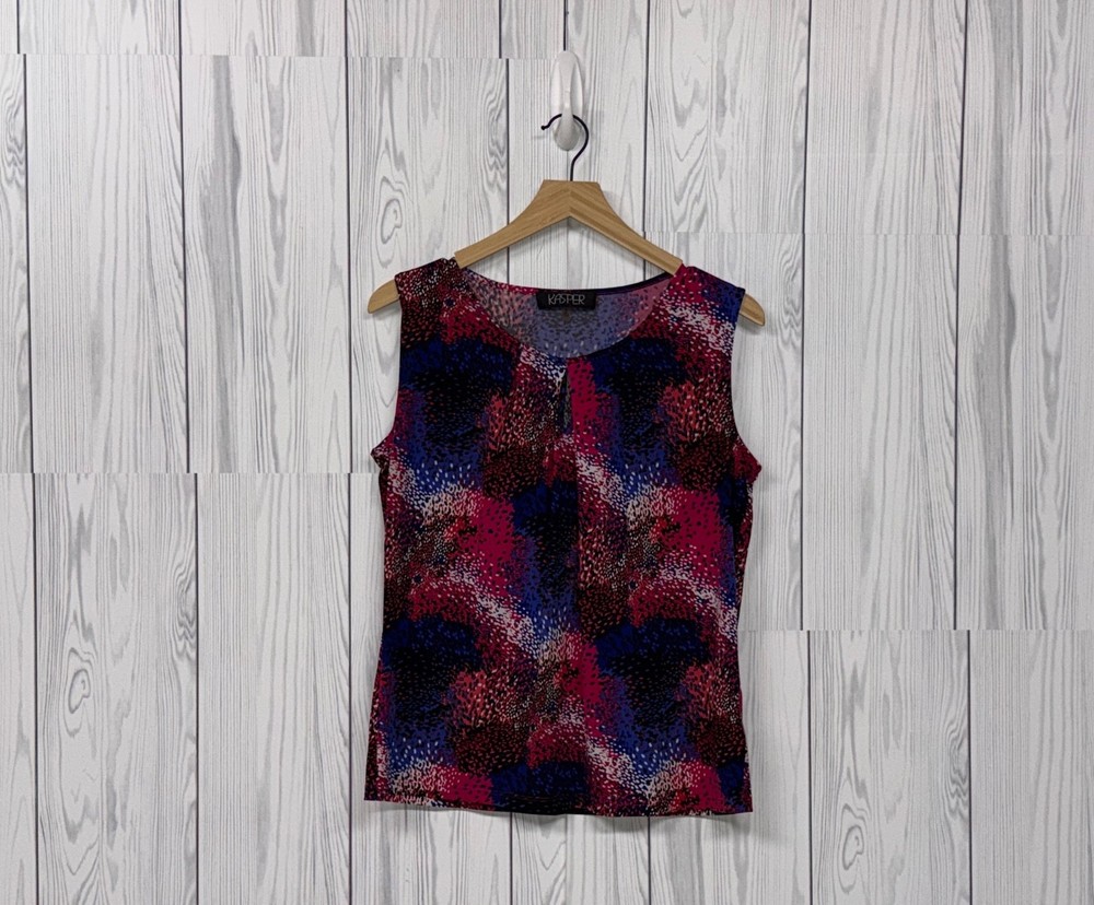 Kasper top womens size medium sleeveless blue patterned blouse pullover