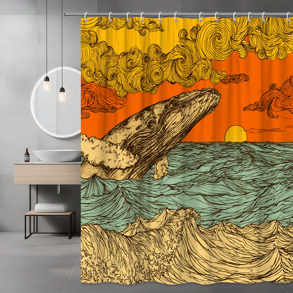 Whale Ocean Sunset Shower Curtain, Nautical Wave Print