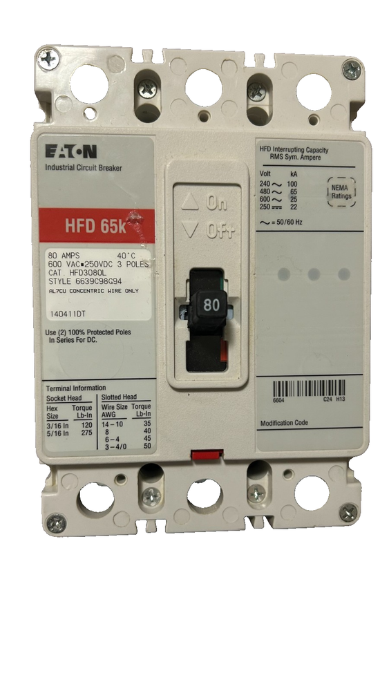 EATON HFD3080L 80 Amp 600 V 3 Pole Type HFD 65K Circuit Breaker