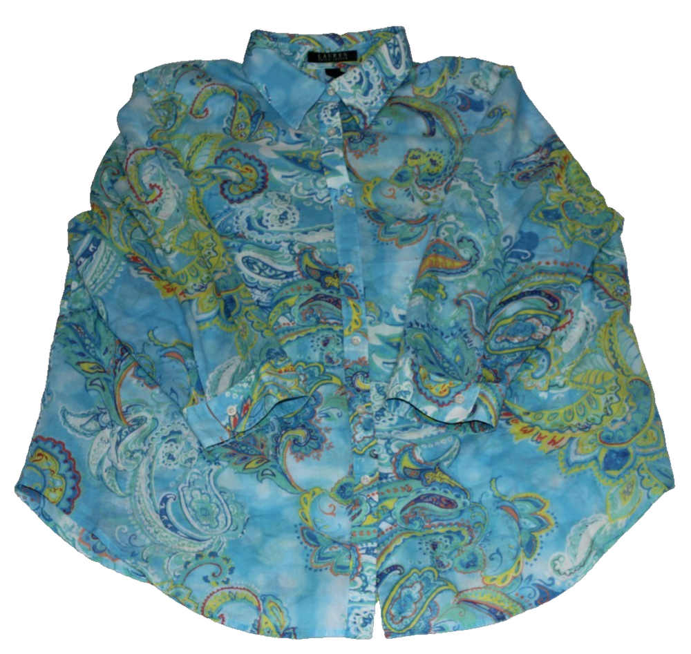 Lauren Ralph Lauren Women's Button-Up Shirt Size 1X Blue Paisley 3/4 Sleeve