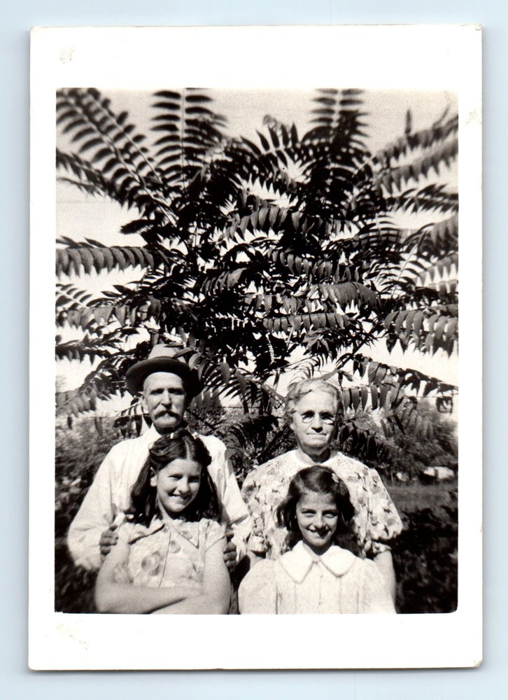 Old Vintage Photo OLDER MAN WOMAN AND GIRLS BY TREE IN YARD HAT MOUSTACHE