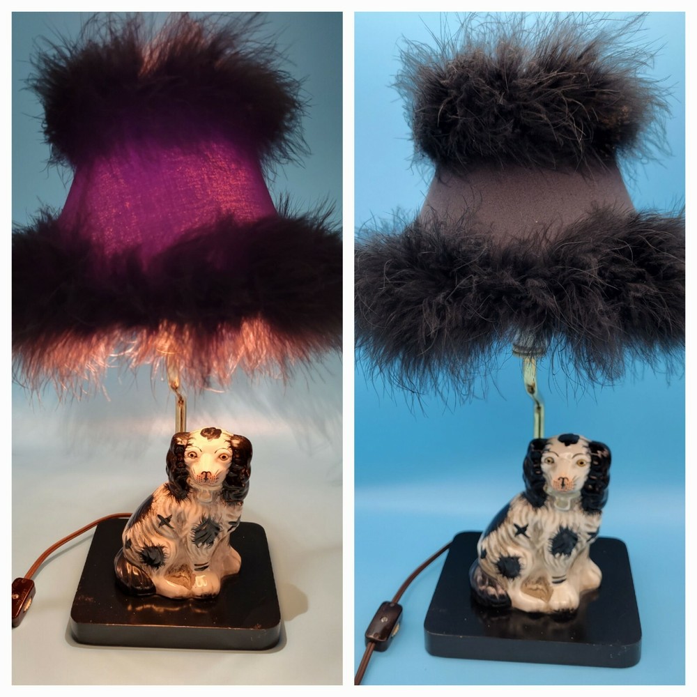 Antique Vintage White & Black English Staffordshire Spaniel Dog Side Lamp Light