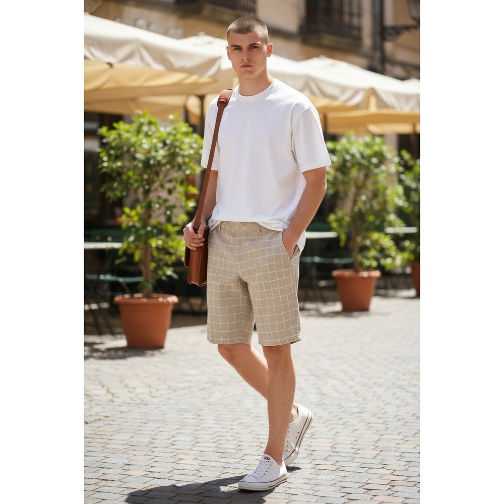 Walter Hagen Men's Shorts Tan White 38 Windowpane Stretch Golf