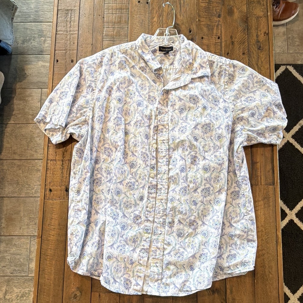 Club Room Men's White/Blue/Purple/Yellow Paisley Woven SS Button-Up XL