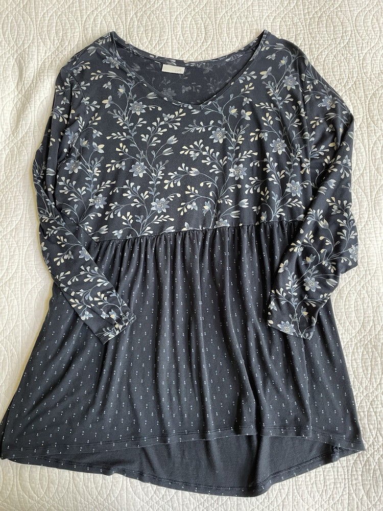 J Jill Lightweight Knit Top Sz 2X-3X Blue Navy Floral Babydoll Tunic
