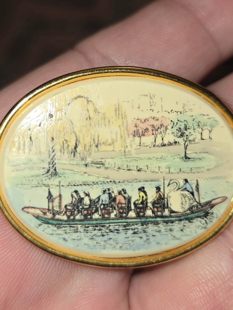 Vintage Enamel Halcyon Days Swan Boat Signed Barlow Brooch Gold Tone *RARE*