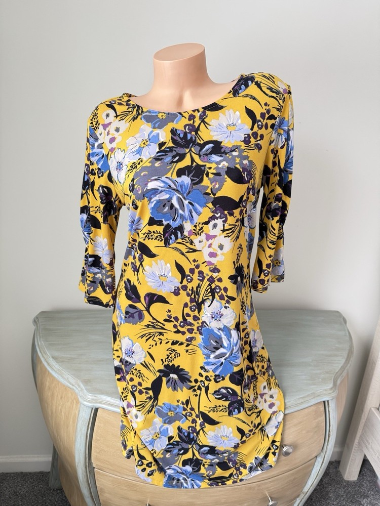Floral Dress M Batteau Neck Easy Care Alexandra Oak Bell 3/4 Slv Yellow Classic