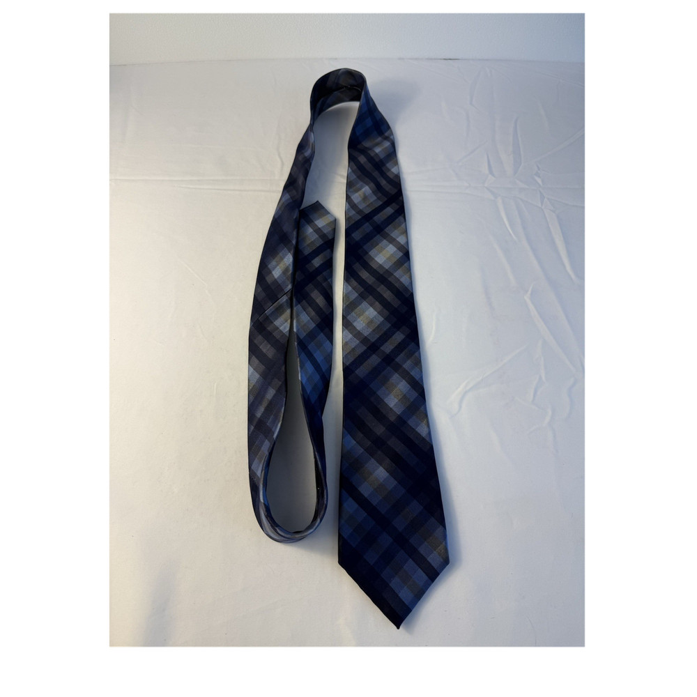 Calvin Klein Men's Blue Gray Black Plaid Checked 100% Polyester Woven Tie
