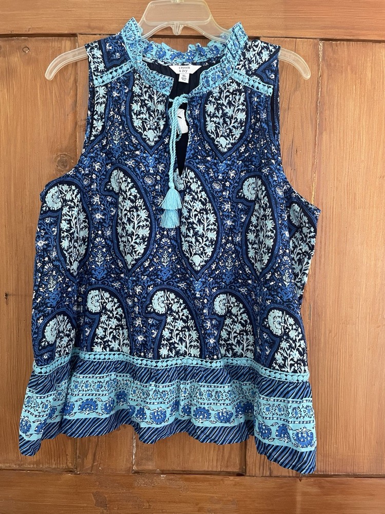 NWT Crown & Ivy Blue Floral Ruffle Paisley Crochet Tassel Top XL