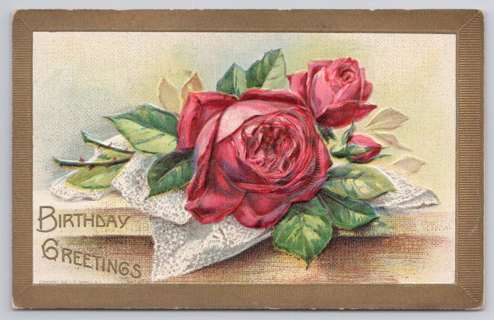 1909 Embossed Birthday Greetings Postcard Red Roses Floral Lace Conwell NY