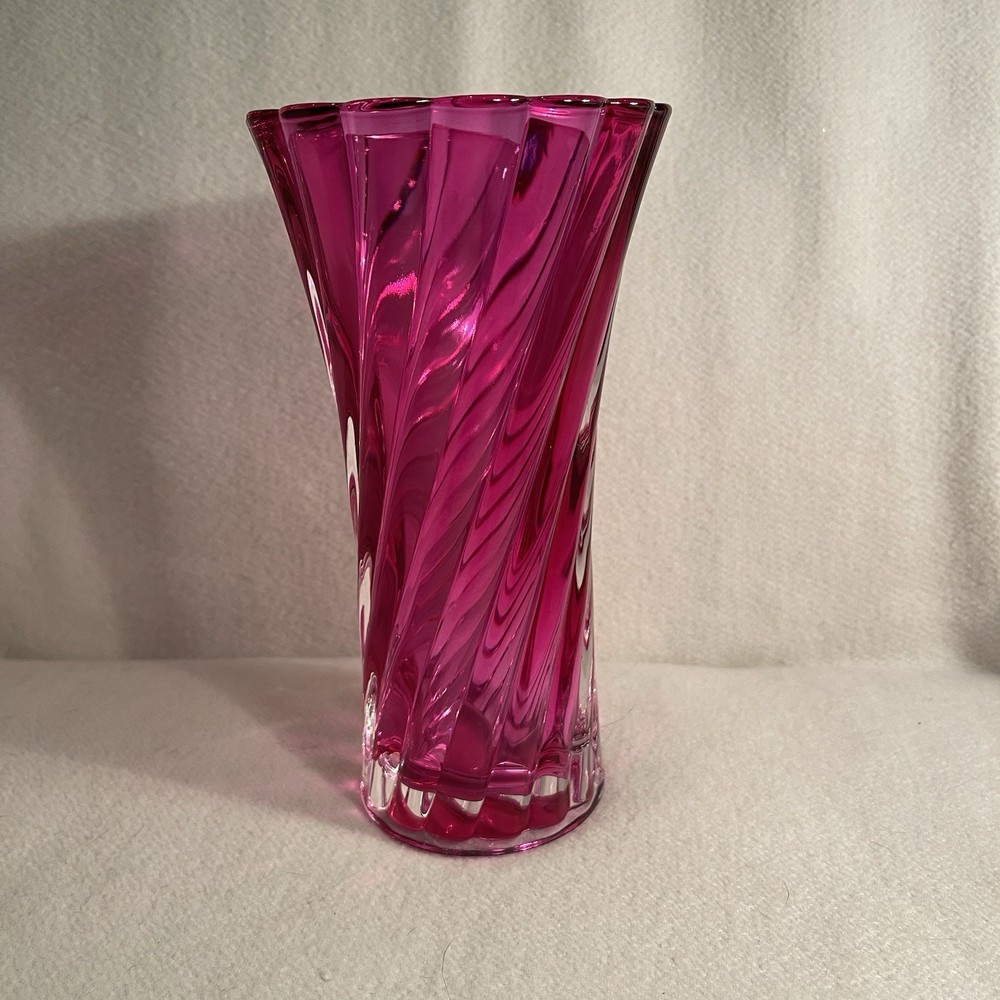 Vtg FTD Florist Scalloped Rim Twisted Jewel Tone Fuschia Glass Vase