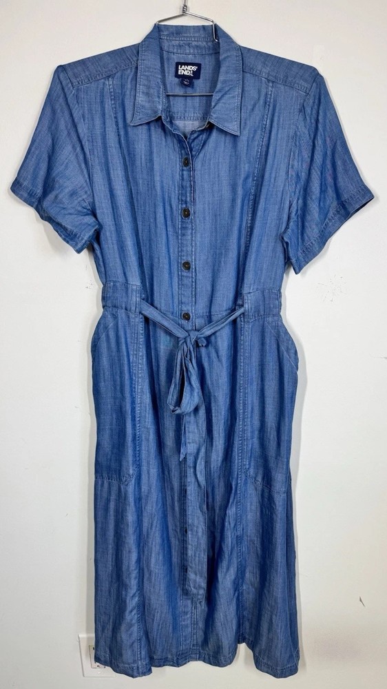 Lands' End Womens Chambray Midi Shirt Dress Size L Blue Short Sleeve Casual Work
