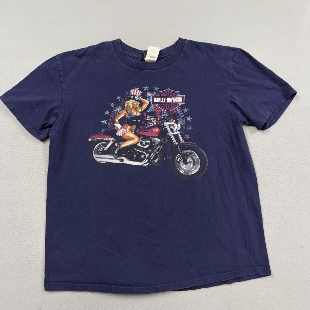 Harley-Davidson Shirt Mens XL Blue Pin Up Motorcycle Las Vegas Flag Graphic Tee