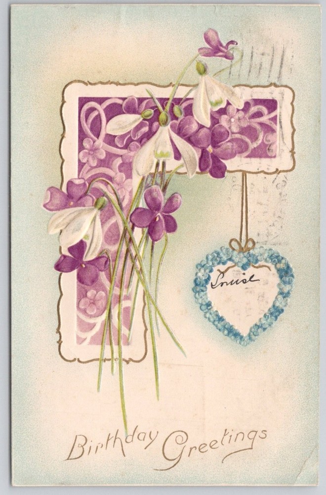 1908 Embossed Birthday Greetings Postcard Snowdrops Violets Louise West Chester