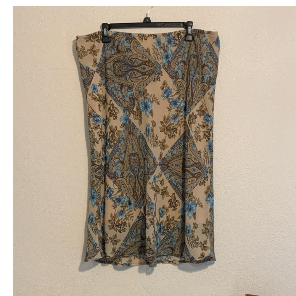 Impressions of California Beige Blue Paisley Floral Knee Skirt 14 Women 38 W