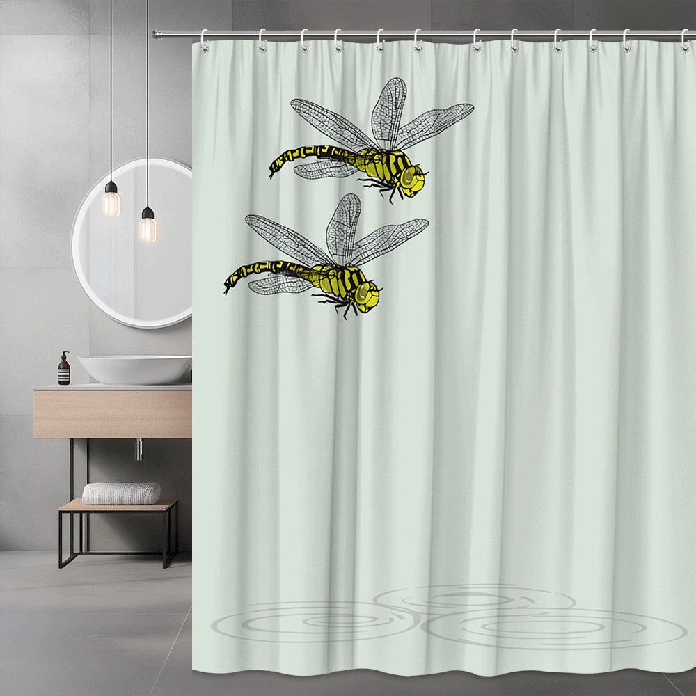 Dragonfly Shower Curtain, Minimal Nature Print, Light Green Background