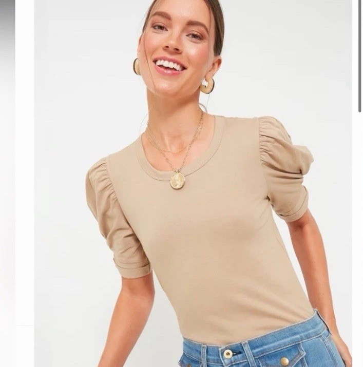 Pomander Place Vesty Puff Sleeve Crewneck shirt Large tan cotton neutral casual