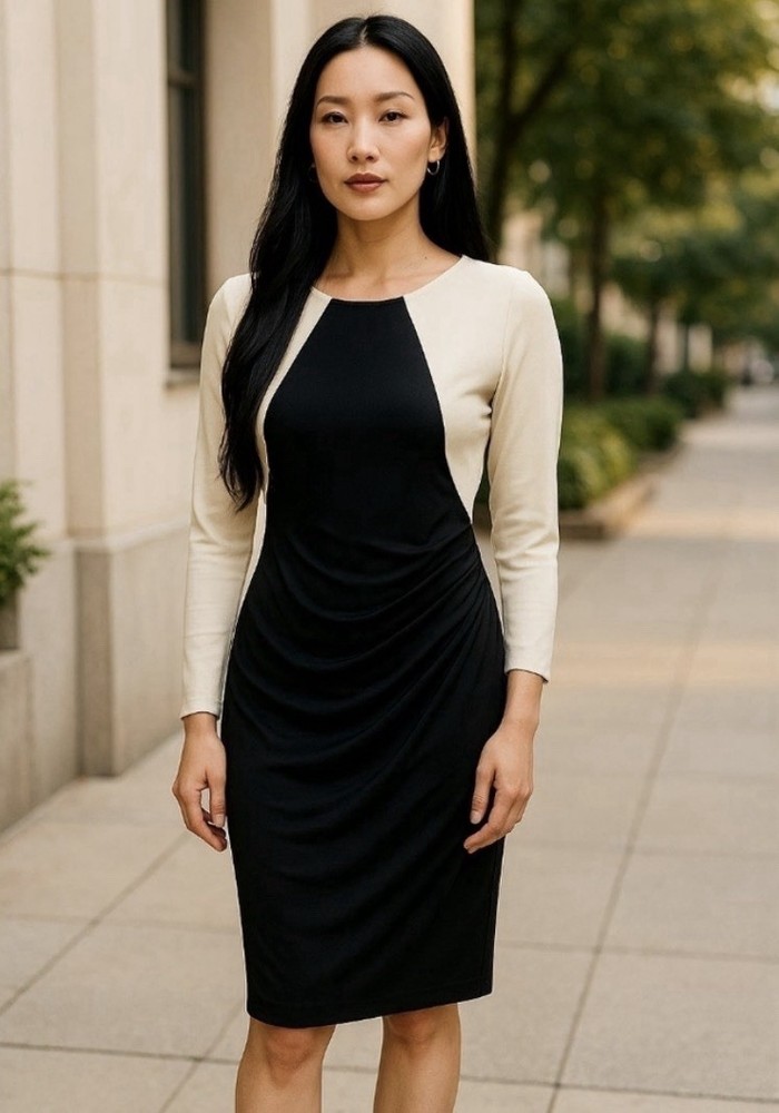 Lauren Ralph Lauren Color Block Black & White Long Sleeve Ruched Dress Size 14