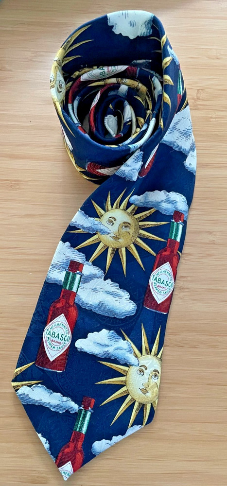 Vintage TABASCO Silk Tie Sun Moon Clouds Hot Sauce Novelty Necktie