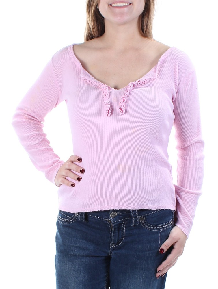 RACHEL ROY Womens Pink Ruffled Long Sleeve V Neck Top Size: 8