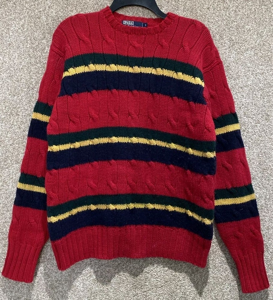 Vintage Polo Ralph Lauren Mens Medium 100% Wool Red Striped Cable Knit Sweater