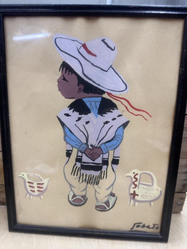 Original Vtg  Mexican Folk Art Gouache  Watercolor Signed Sabato  Boy Pottery