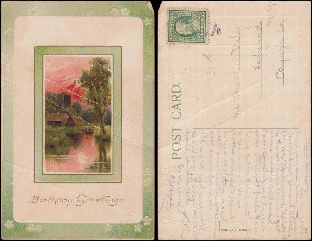 birthday greetings, farmstead with bridge by lake, embossed, foil stamped