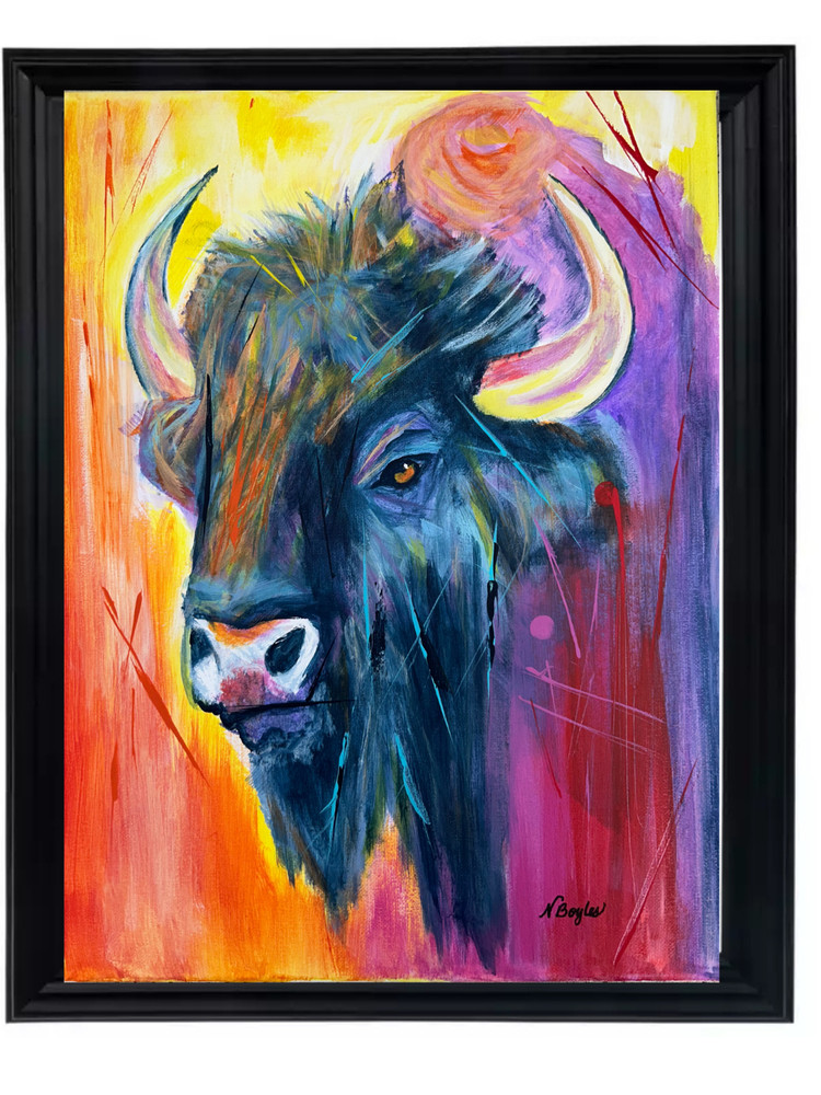 OOAK Acrylic 12x16 Abstract Painting Buffalo Bison Bull Signed Canvas-image