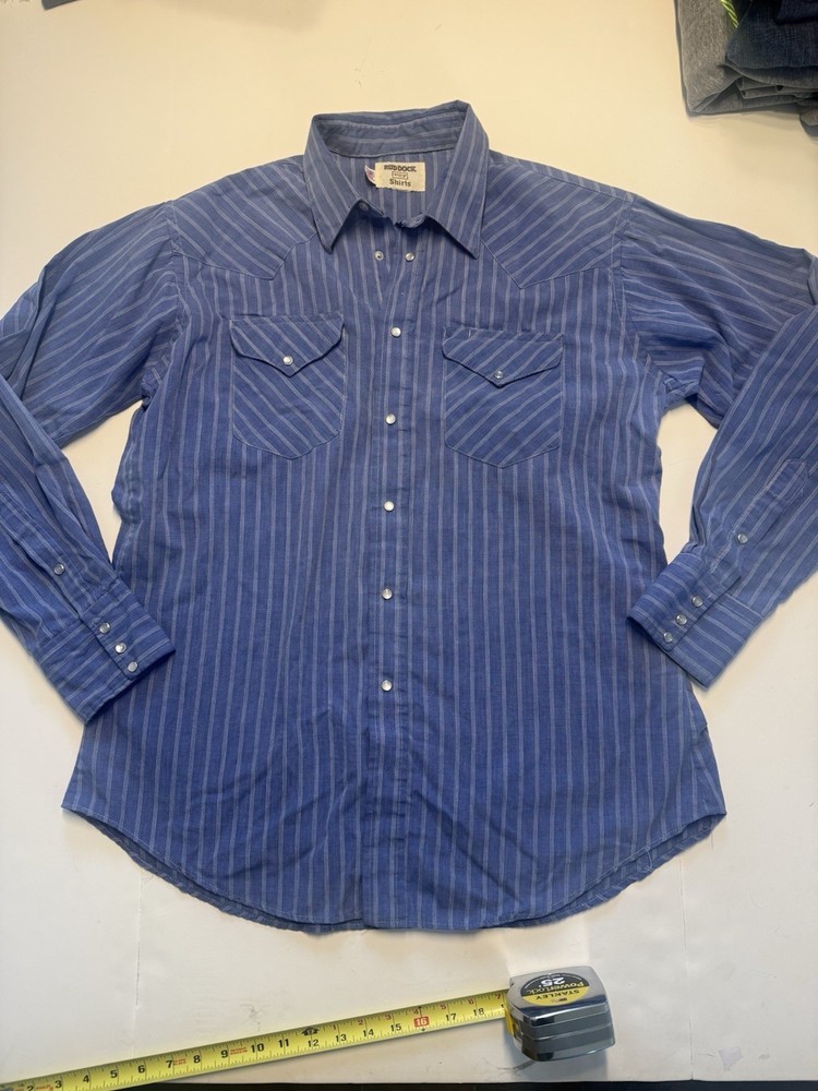 Vintage Ruddock Western Shirt Mens L Blue Stripe Pearl Snap USA Made Cowboy