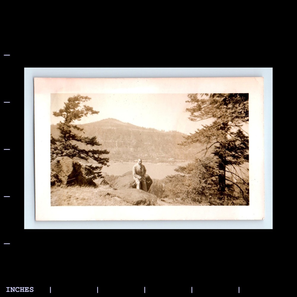 Old Vintage Photo MAN SITTING BY LAKE FOREST TREES