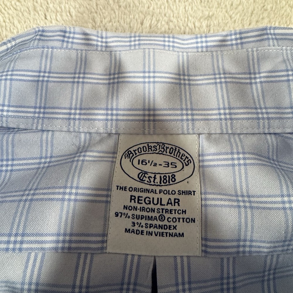 Brooks Brothers Button Up Shirt Long Sleeve 16.5 35 Regent Blue Non Iron Stretch
