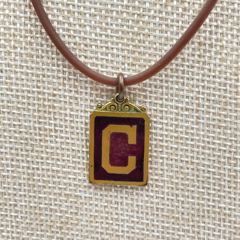 Vintage Collegiate Letter C Enamel Pendant Necklace Brown Rubber Cord Sporty