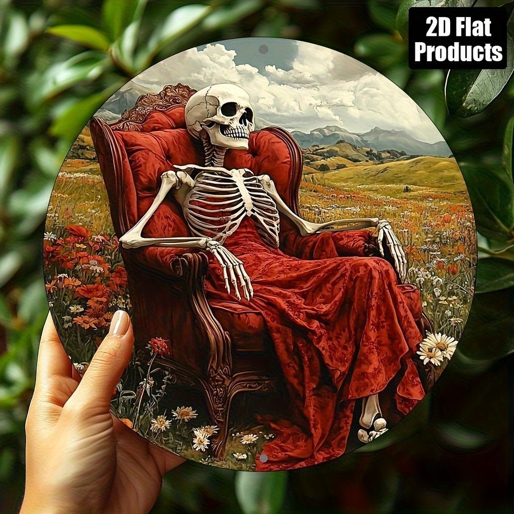 8X8Inch Elegant Skull Theme Round Aluminum Metal Sign Vintage Wall Hanging