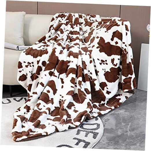 Cow Print Blanket for Sofa Couch Double Sided Flannel Animal 51''x63'' Brown