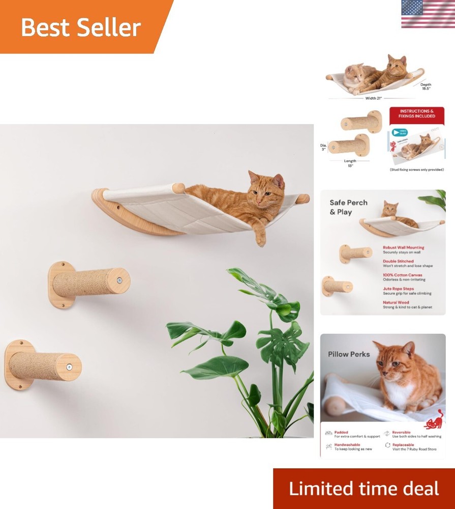 Wall-Mounted Cat Hammock Shelf with 2 Steps - Cozy Perch for Climbing & Lounging