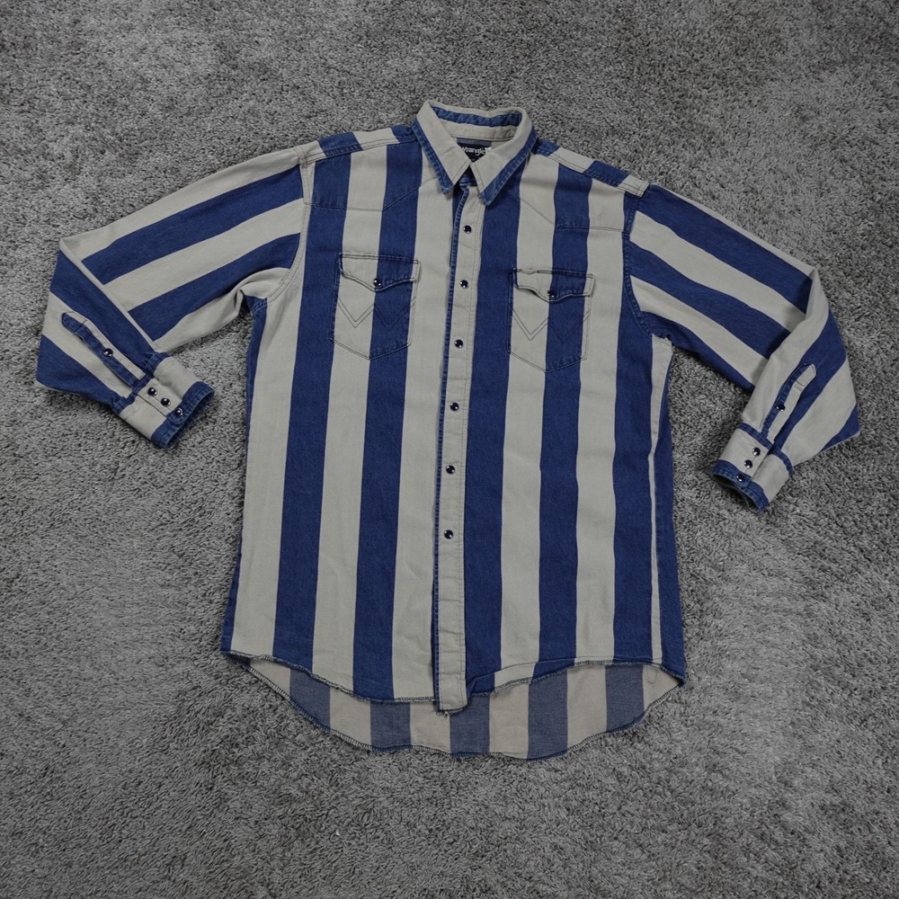 Vintage 90s Wrangler Blue Wide Striped Denim Pearl Snap Shirt M/L RARE Rodeo