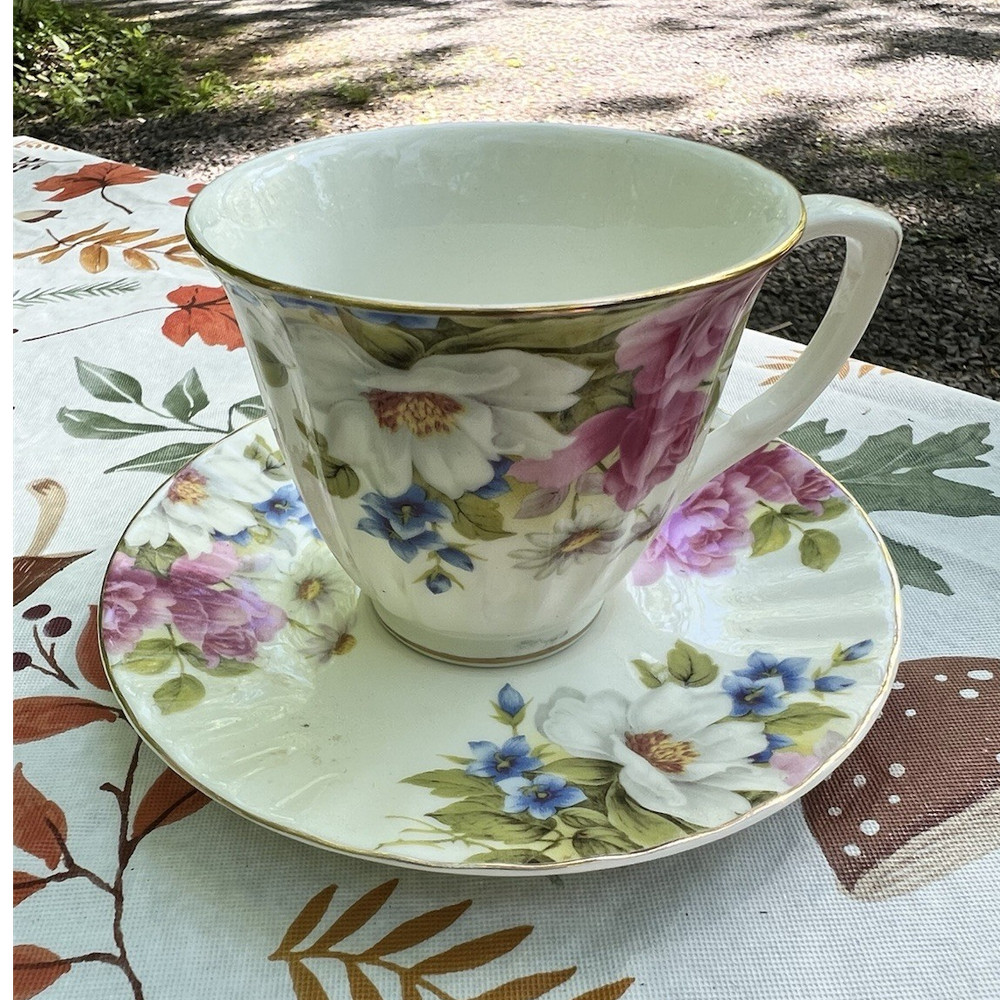 Grace's Teaware Floral Ceramic Tea Cup Saucer Set Pink Blue Green gold trim