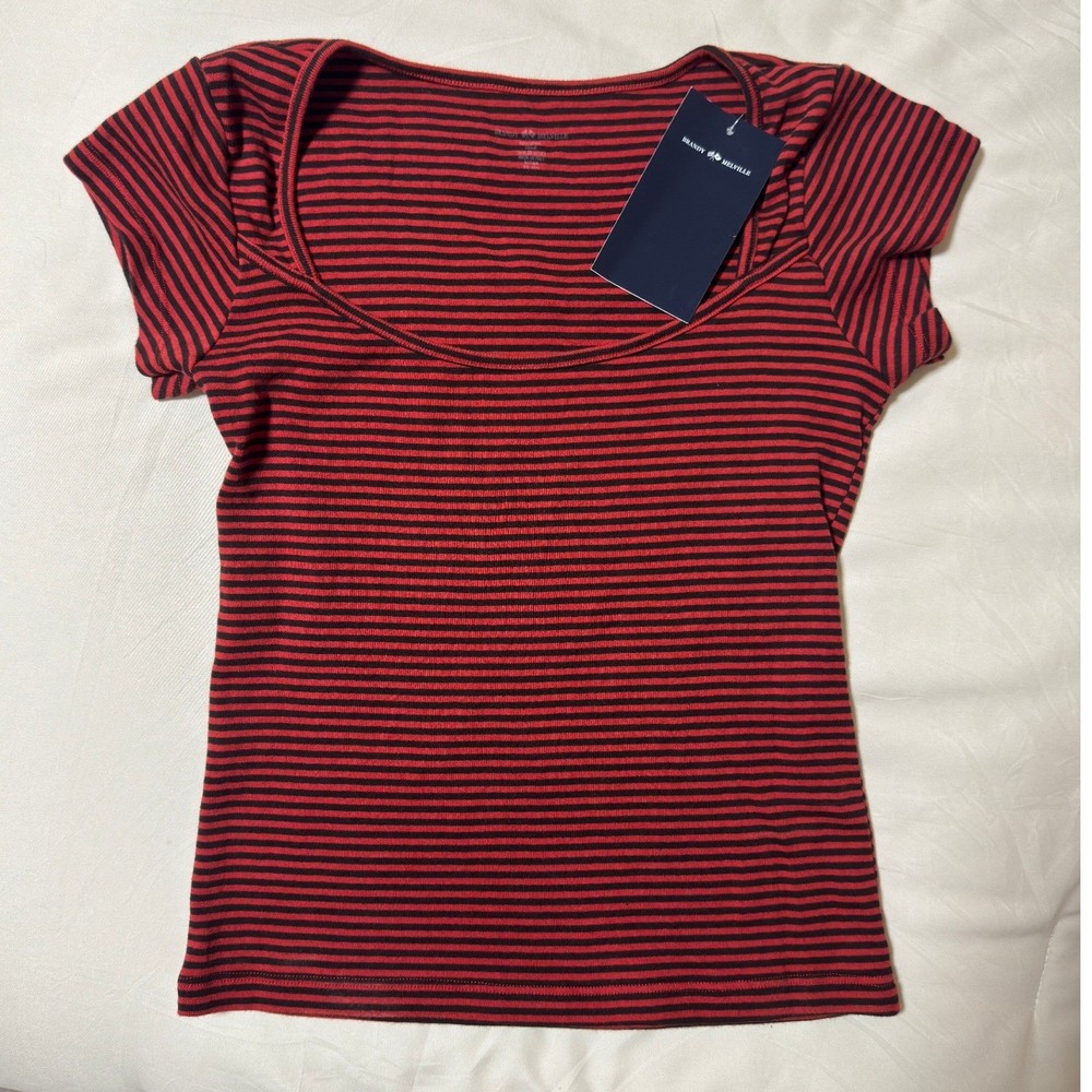 Brandy Melville Ashlyn Top Red Black Striped Scoop Neck Baby Tee NWT
