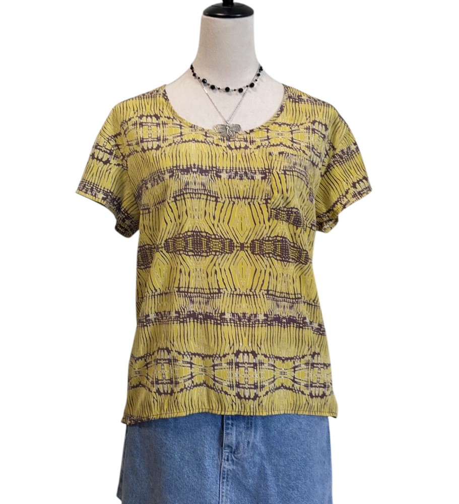 Yellow Geometric Paper Crane Print Box Top – Late 2000s High-Low Blouse
