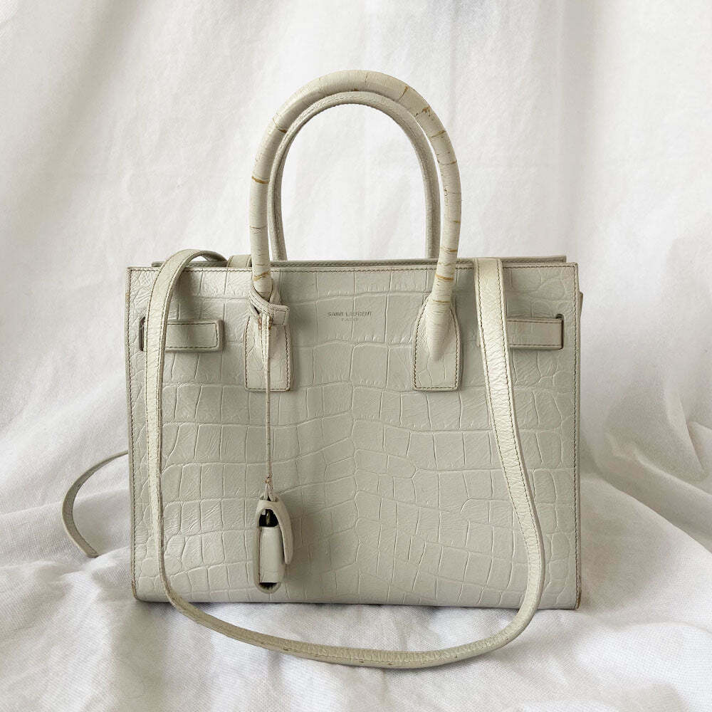 Saint Laurent white mini crocodile-embossed Sac de Jour handbag