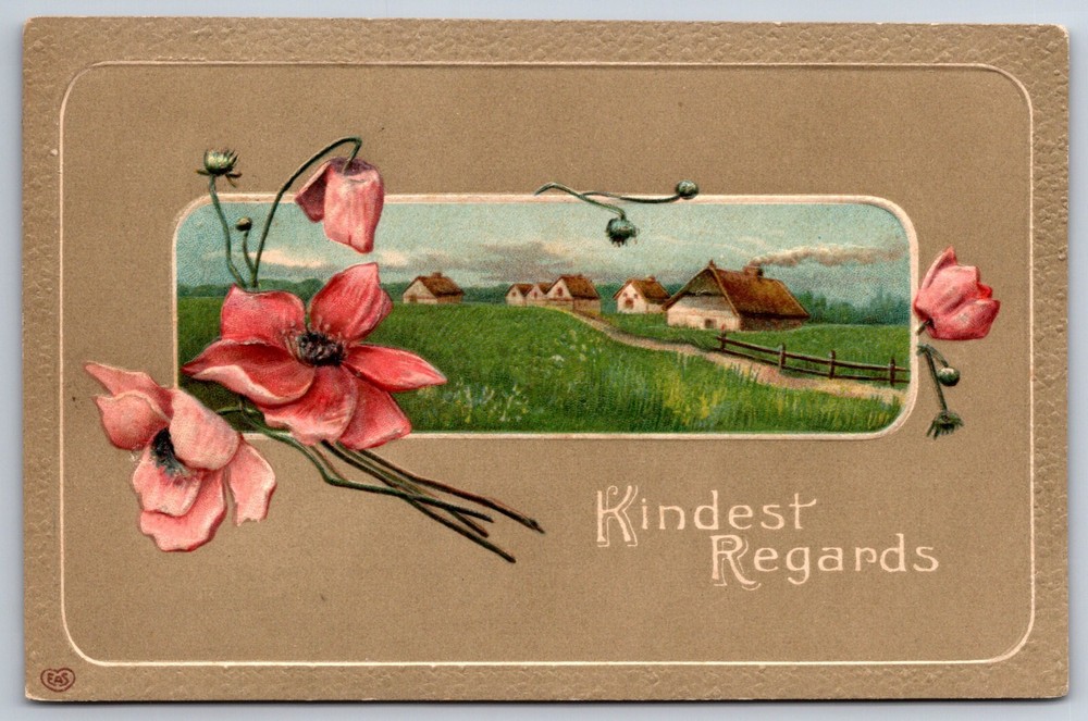 Greetings~Pink Flowers Home & Kindest Regards~Vintage Postcard