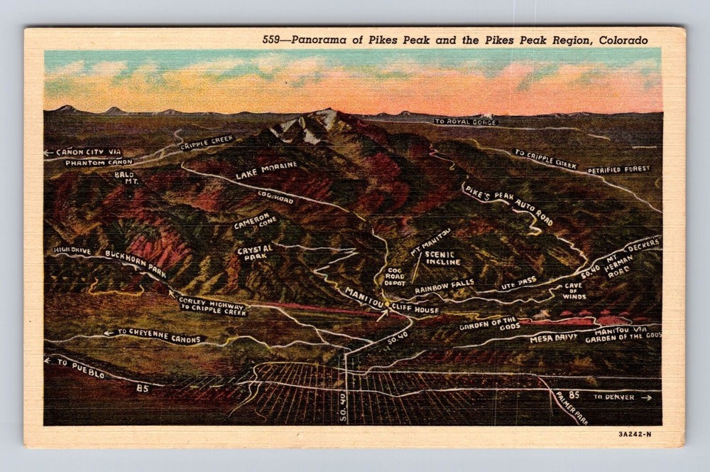 Pikes Peak Region CO-Colorado, Panorama Of Pikes Peak, Vintage Souvenir Postcard