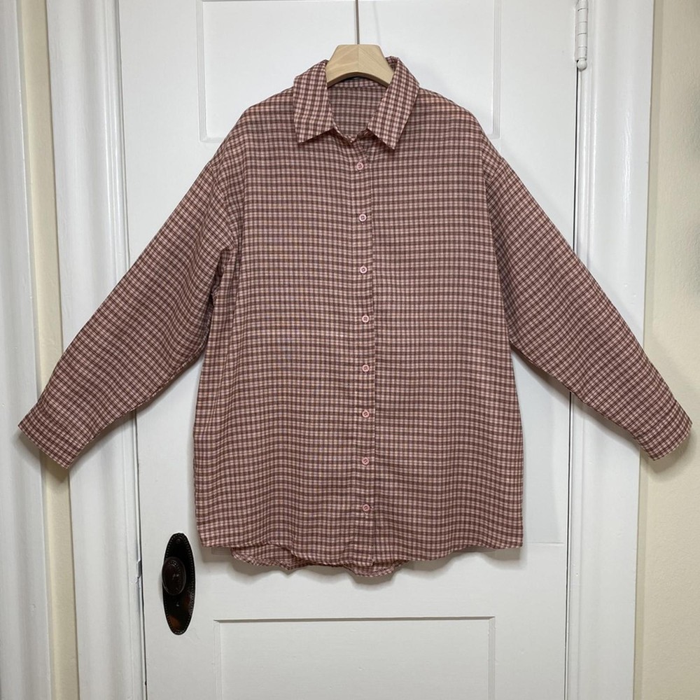 Missguided Oversized Pink Plaid Button-Up Shirt Womens Size 2 Normcore Staple