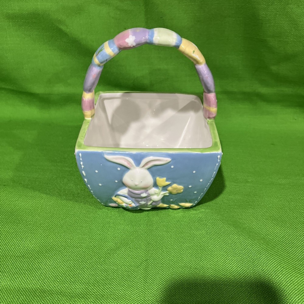Blossoms & Blooms Ceramic Square Easter Basket  Yellow Tulips White Bunny EC