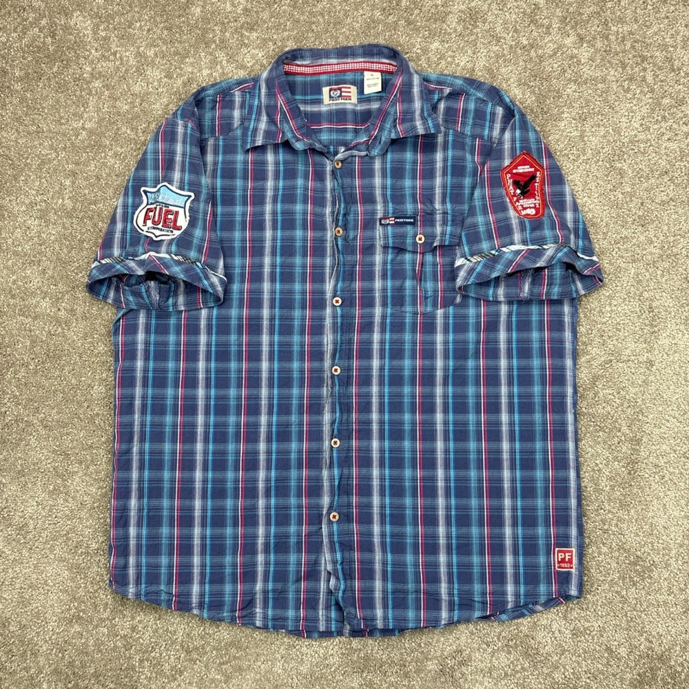 Vintage Y2K Phat Farm Plaid Embroided Patches Button Up Shirt XL