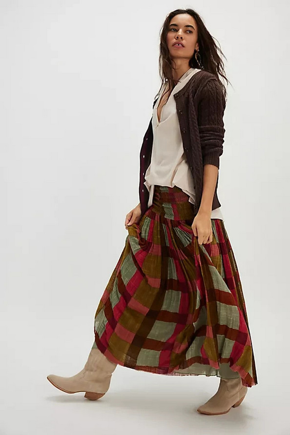 Free People Fp One Ravenna Printed Plaid Convertible Maxi Skirt Smocked Dress S