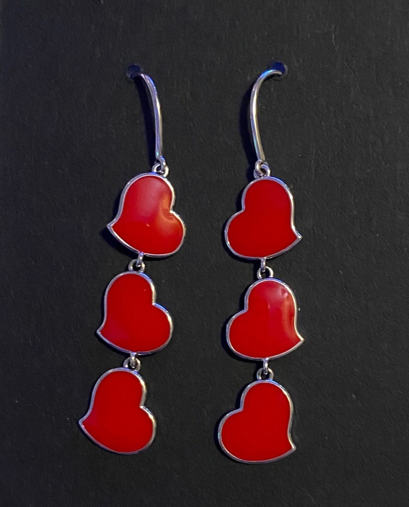Sterling Silver 925 SIMPLOVE Red Enamel HEARTS Dangle Drop Hook Pierced Earrings
