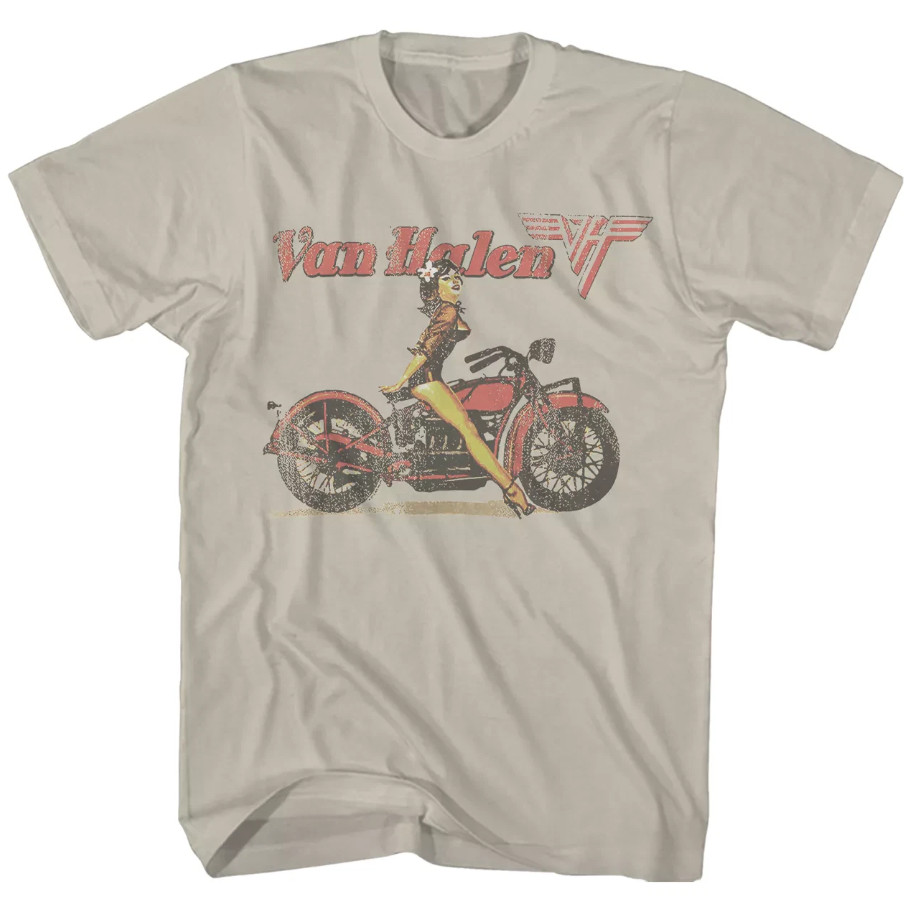 Van Halen Biker Pin-Up T-Shirt – Men’s Rock Music Classic Band Tee Sand S–4XL
