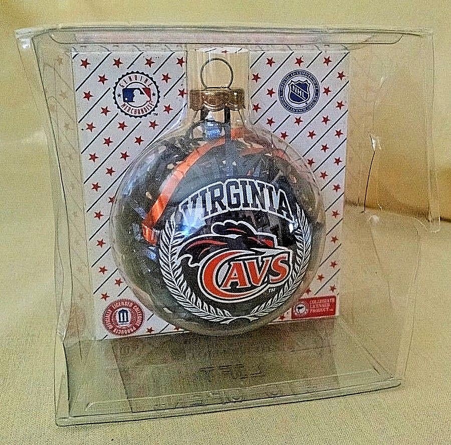 UNIVERSITY VIRGINIA ORNAMENT CAVALIERS  GLASS BALL BLUE ORANGE TINSEL NEW UVA*