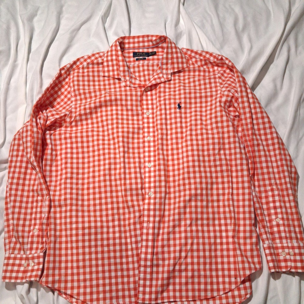 Polo Ralph Lauren Orange & White Gingham Print Mens Long Sleeve Shirt XXL 2XL
